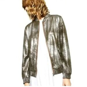 ZARA Womens Olive Green Metallic Faux Leather Bomber Jacket Full Zip Size S
